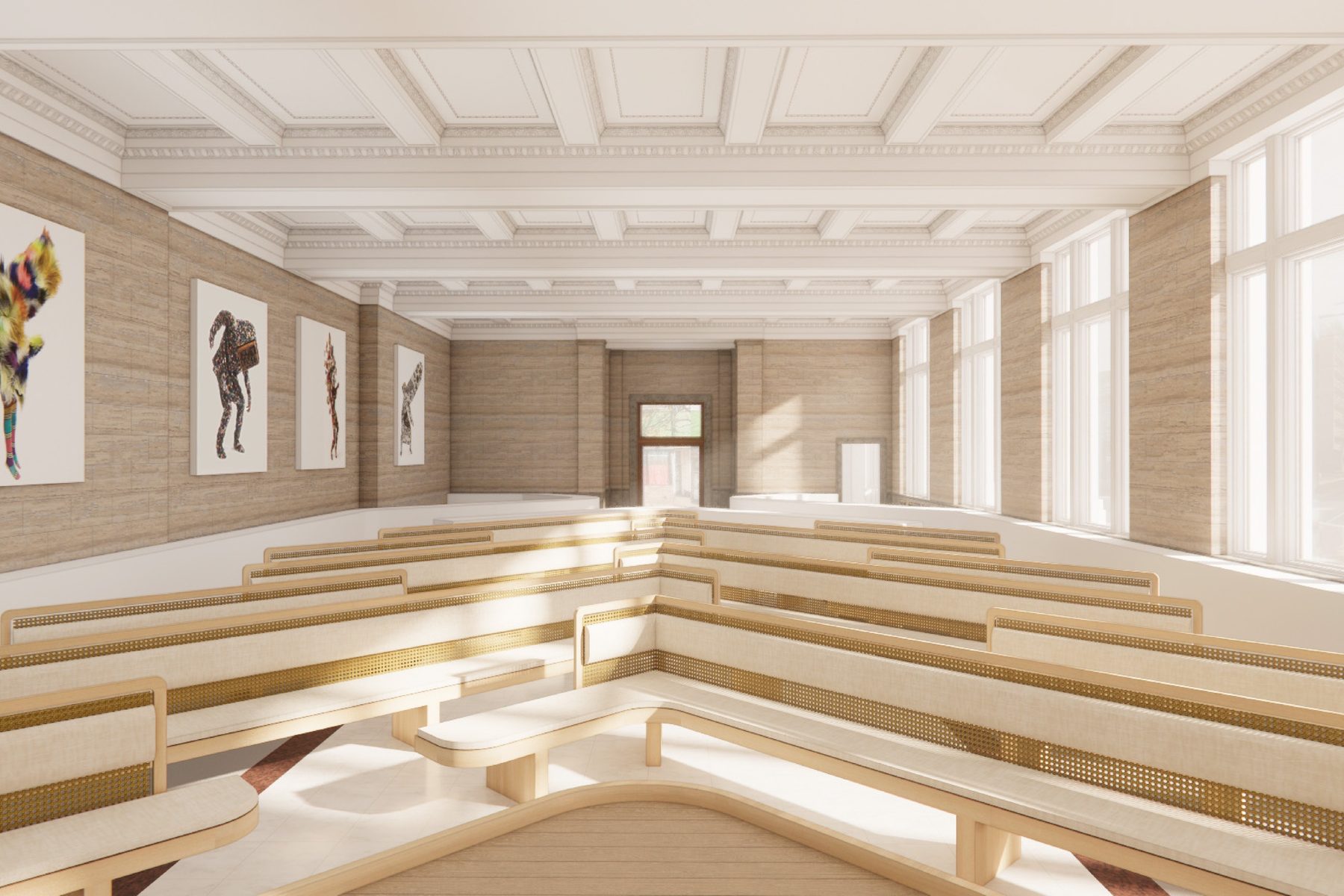 A rendered hall with tiered timber seating stepping up beneath a coffered ceiling