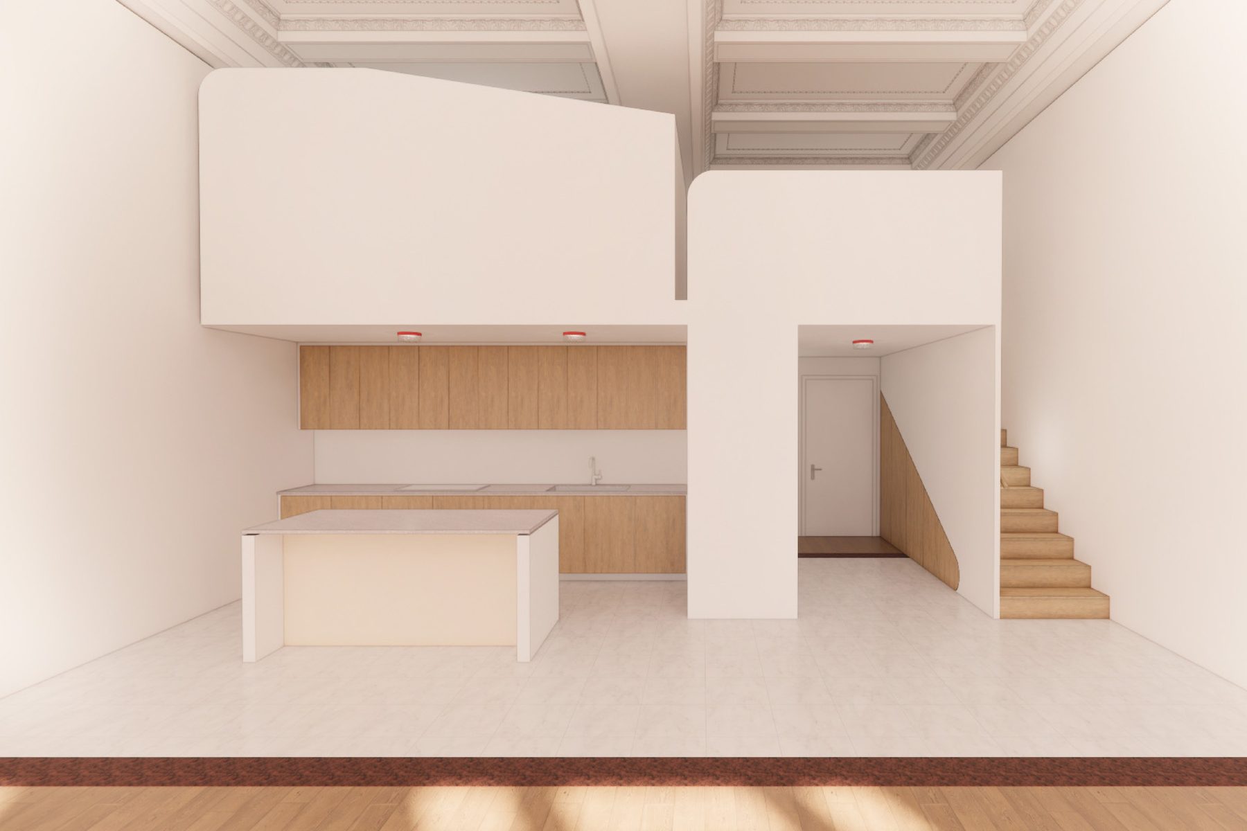 A white study model showing a mezzanine and stair within a double-height room