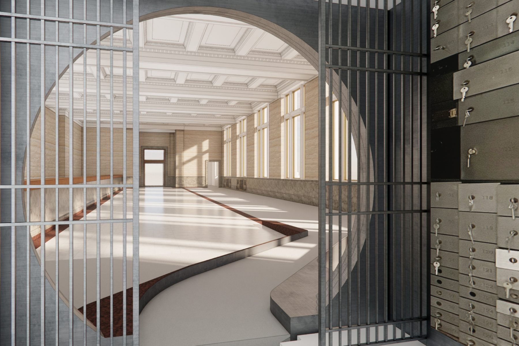 A rendered corridor closed by a circular metal screen, lit from above