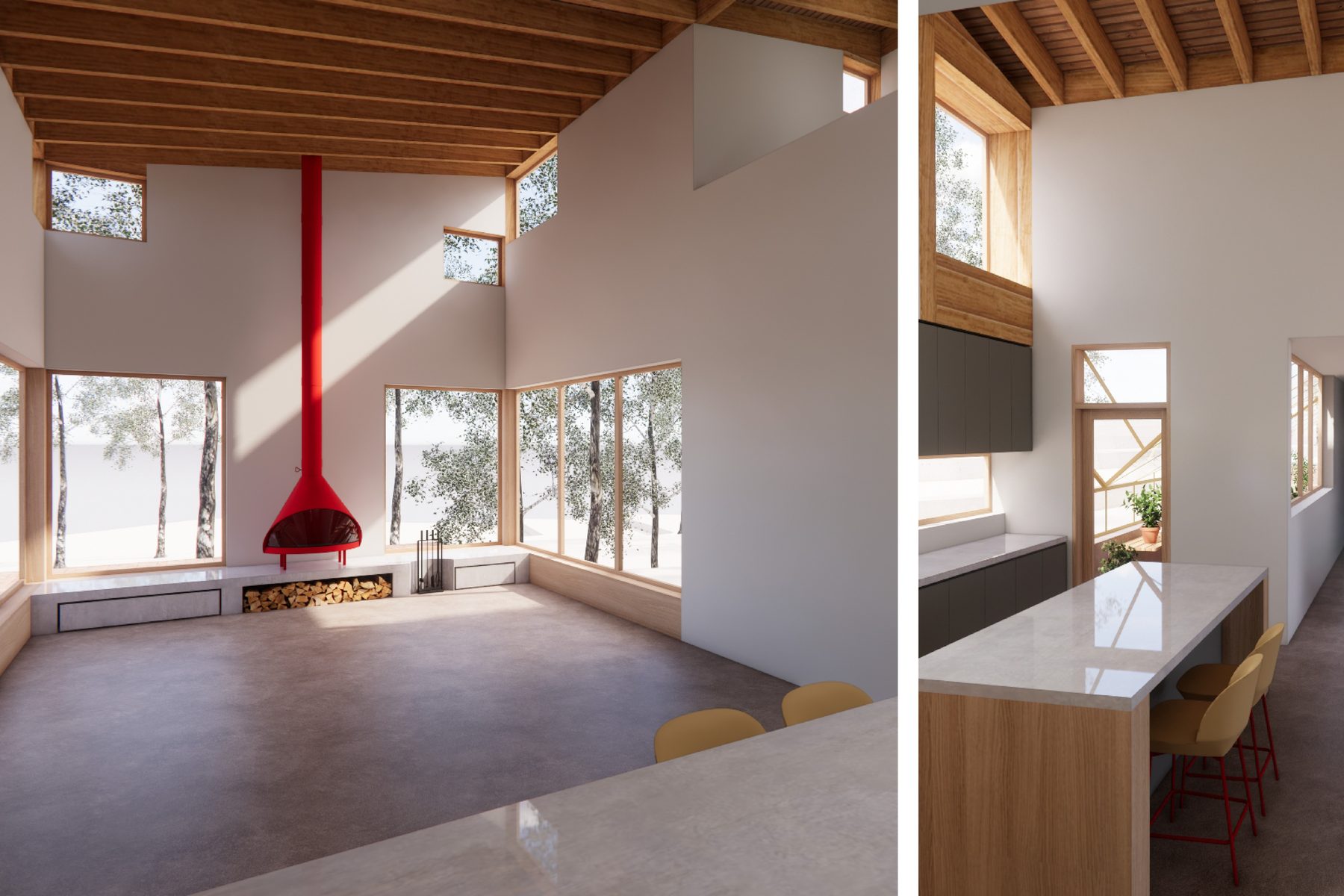 An interior with a red cylindrical flue rising past a timber ceiling and corner windows