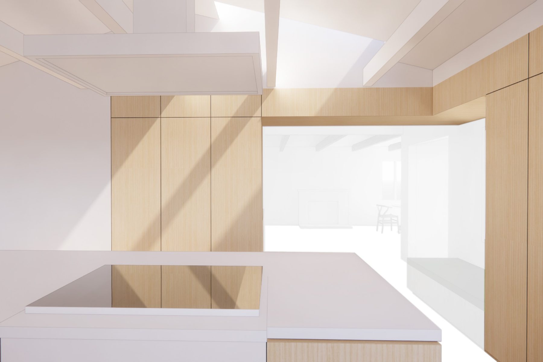 A rendered white interior opening onto a stair well